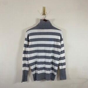 Gap Striped Turtleneck Knit Sweater‎ Gray White Womens Lg Ribbed Neutral Minimal